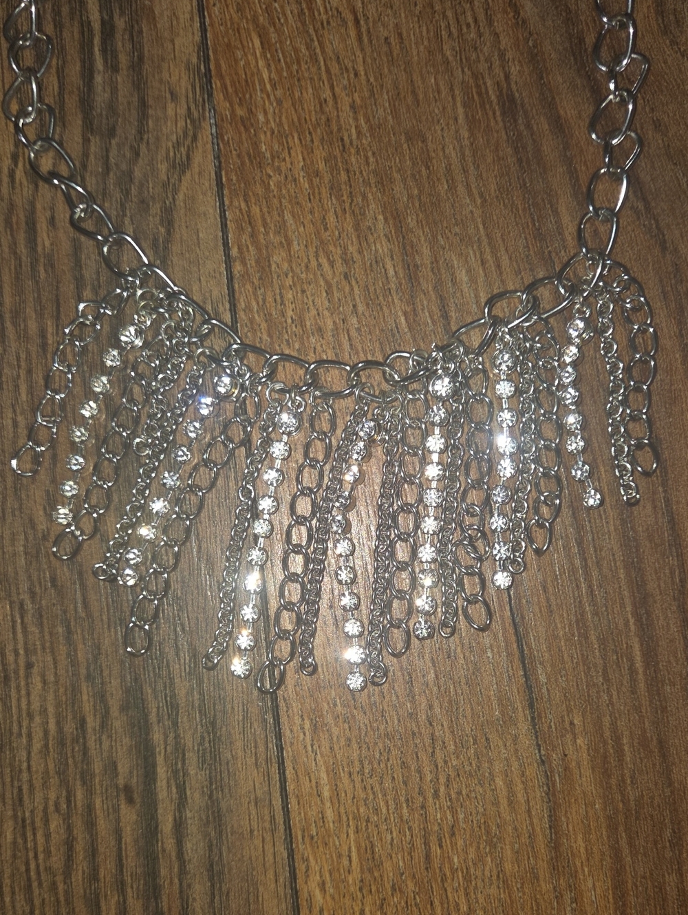 Premier Designs Silver Tone Rhinestone Chain Fringe Bib Statement Necklace